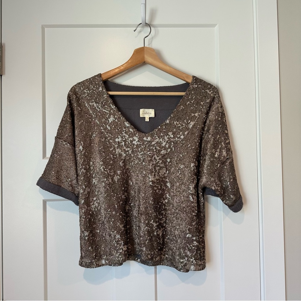 Deletta Anthropologie Sequin Brown V-Neck Occasion Top Blouse Size XS